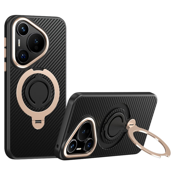 For Huawei Pura 70 Pro / 70 Pro+ Carbon Fiber MagSafe Phone Case with 360 Degree Rotating Holder(Black Gold)