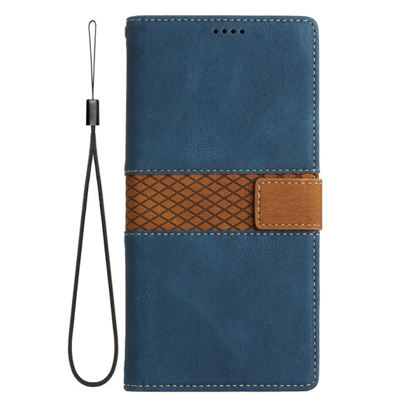For Samsung Galaxy S25 5G Grid Stitching Leather Phone Case with Lanyard(Blue)