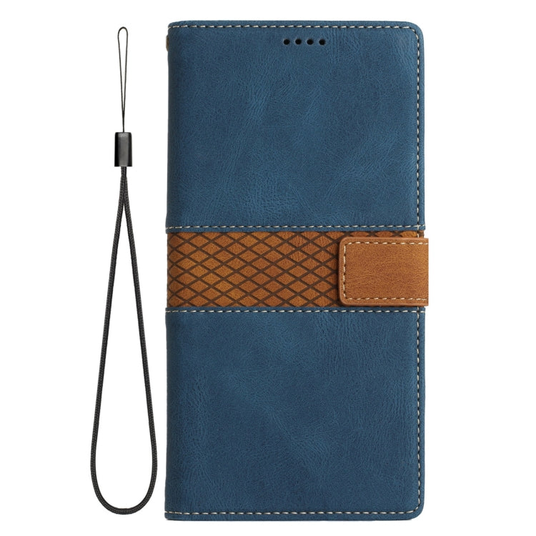 For Samsung Galaxy S25 5G Grid Stitching Leather Phone Case with Lanyard(Blue)