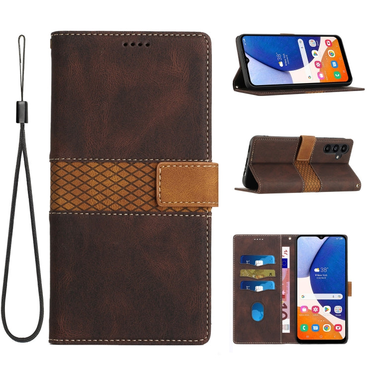 For Samsung Galaxy S25 5G Grid Stitching Leather Phone Case with Lanyard(Brown) - Galaxy S25 5G Cases by PMC Jewellery | Online Shopping South Africa | PMC Jewellery | Buy Now Pay Later Mobicred