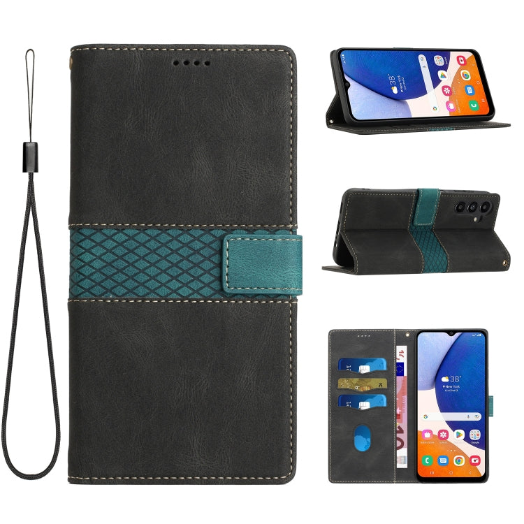 For Samsung Galaxy S25 5G Grid Stitching Leather Phone Case with Lanyard(Black) - Galaxy S25 5G Cases by PMC Jewellery | Online Shopping South Africa | PMC Jewellery | Buy Now Pay Later Mobicred