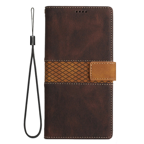 For Samsung Galaxy S25+ 5G Grid Stitching Leather Phone Case with Lanyard(Brown)