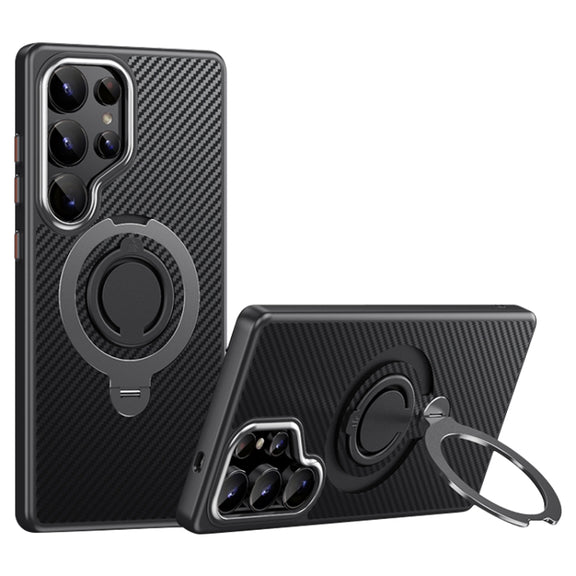 For Samsung Galaxy S25 Ultra 5G Carbon Fiber MagSafe Phone Case with 360 Degree Rotating Holder(Black Grey)