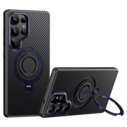 For Samsung Galaxy S25 Ultra 5G Carbon Fiber MagSafe Phone Case with 360 Degree Rotating Holder(Black Blue)