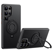 For Samsung Galaxy S25 Ultra 5G Carbon Fiber MagSafe Phone Case with 360 Degree Rotating Holder(Black)