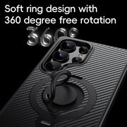 For Samsung Galaxy S25 Ultra 5G Carbon Fiber MagSafe Phone Case with 360 Degree Rotating Holder(Black)