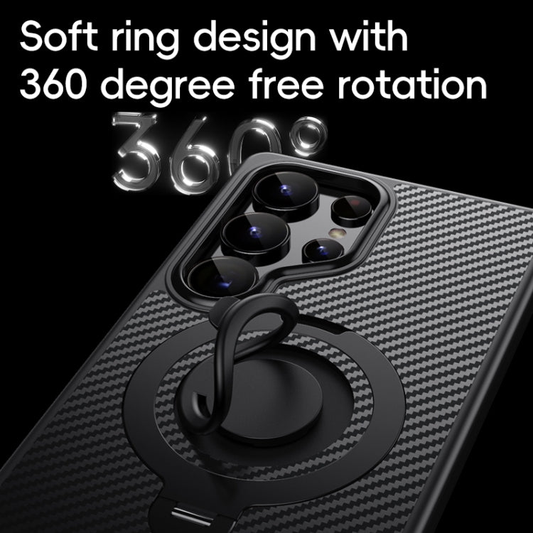 For Samsung Galaxy S25 Ultra 5G Carbon Fiber MagSafe Phone Case with 360 Degree Rotating Holder(Black)