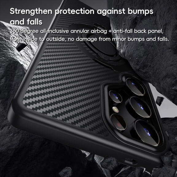 For Samsung Galaxy S25 Ultra 5G Carbon Fiber MagSafe Phone Case with 360 Degree Rotating Holder(Black)