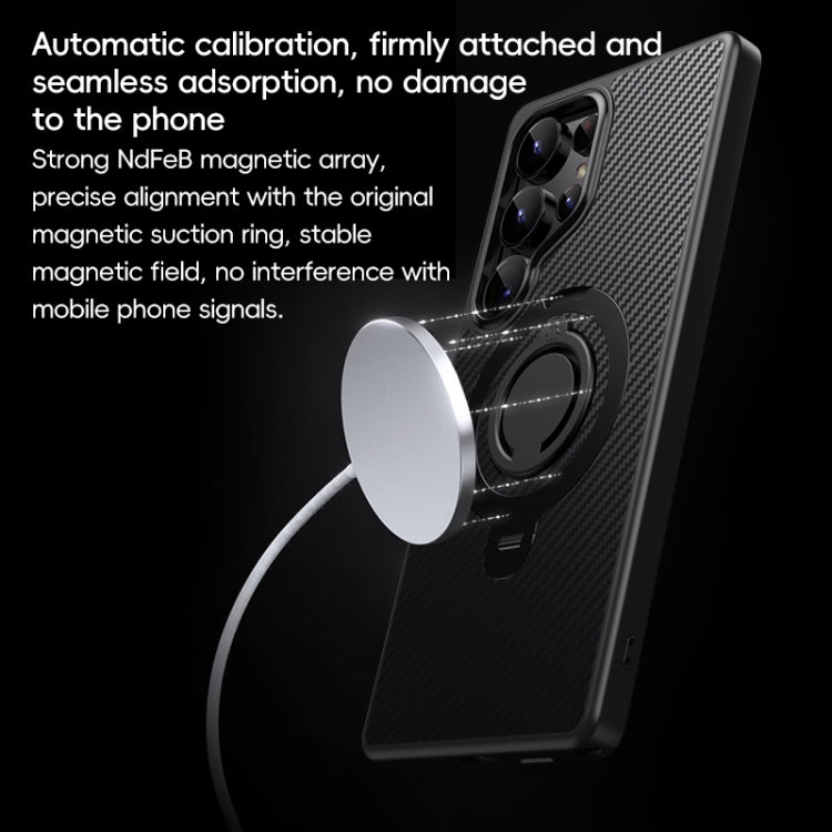 For Samsung Galaxy S25 Ultra 5G Carbon Fiber MagSafe Phone Case with 360 Degree Rotating Holder(Black)
