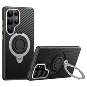 For Samsung Galaxy S25 Ultra 5G Carbon Fiber MagSafe Phone Case with 360 Degree Rotating Holder(Black Silver)