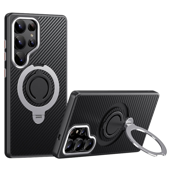 For Samsung Galaxy S25 Ultra 5G Carbon Fiber MagSafe Phone Case with 360 Degree Rotating Holder(Black Silver)