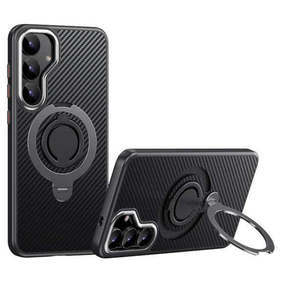 For Samsung Galaxy S25+ 5G Carbon Fiber MagSafe Phone Case with 360 Degree Rotating Holder(Black Grey)