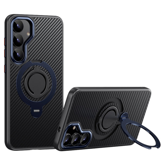 For Samsung Galaxy S25+ 5G Carbon Fiber MagSafe Phone Case with 360 Degree Rotating Holder(Black Blue)