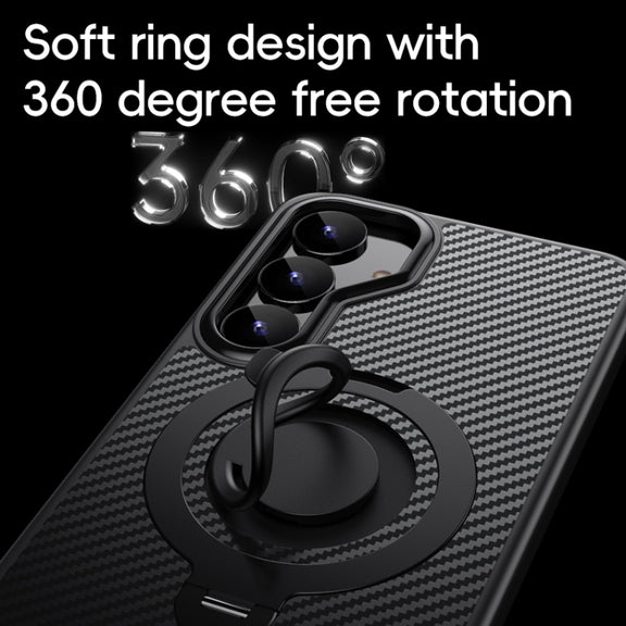For Samsung Galaxy S25+ 5G Carbon Fiber MagSafe Phone Case with 360 Degree Rotating Holder(Black)