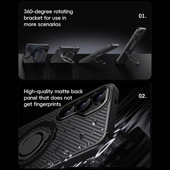 For Samsung Galaxy S25+ 5G Carbon Fiber MagSafe Phone Case with 360 Degree Rotating Holder(Black)