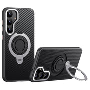 For Samsung Galaxy S25+ 5G Carbon Fiber MagSafe Phone Case with 360 Degree Rotating Holder(Black Silver)