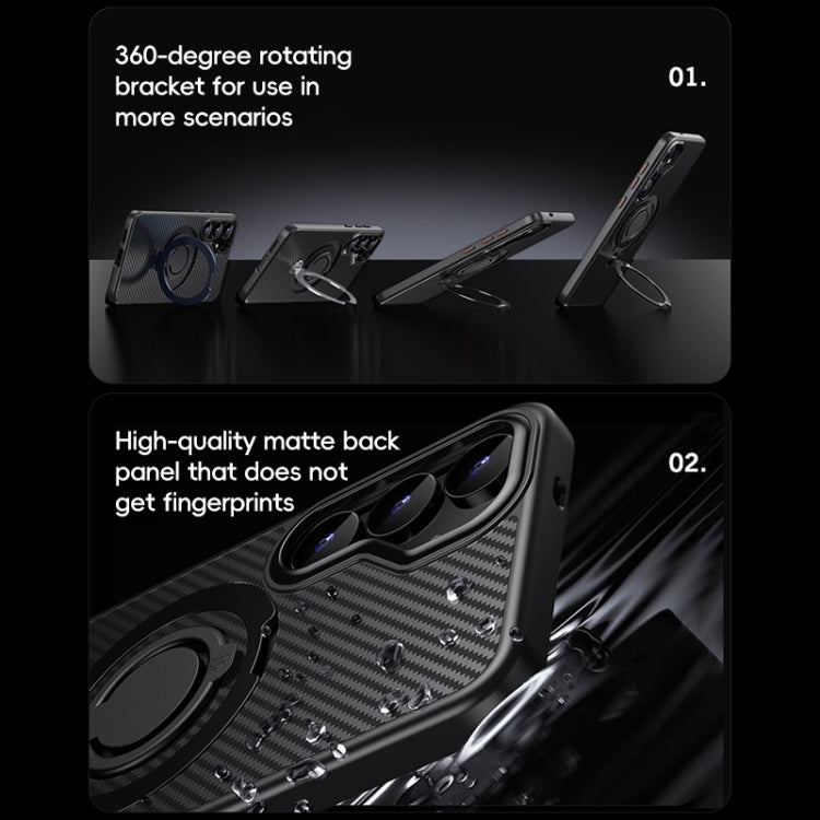 For Samsung Galaxy S25+ 5G Carbon Fiber MagSafe Phone Case with 360 Degree Rotating Holder(Black Silver)
