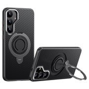 For Samsung Galaxy S25 5G Carbon Fiber MagSafe Phone Case with 360 Degree Rotating Holder(Black Grey)