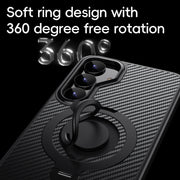 For Samsung Galaxy S25 5G Carbon Fiber MagSafe Phone Case with 360 Degree Rotating Holder(Black Grey)