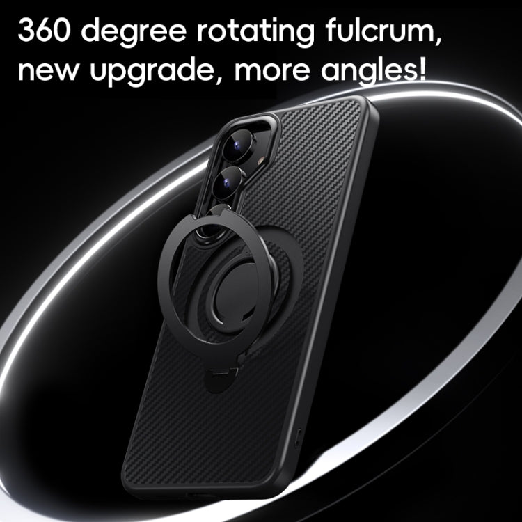 For Samsung Galaxy S25 5G Carbon Fiber MagSafe Phone Case with 360 Degree Rotating Holder(Black Grey)