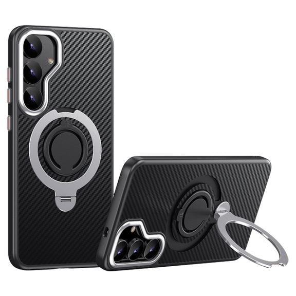 For Samsung Galaxy S25 5G Carbon Fiber MagSafe Phone Case with 360 Degree Rotating Holder(Black Silver)