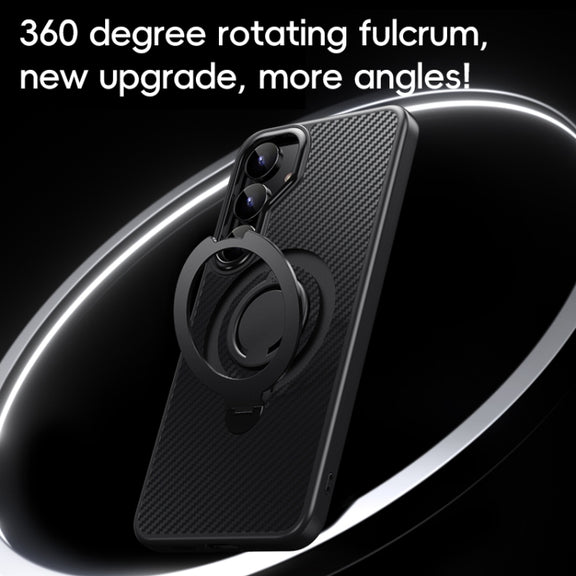 For Samsung Galaxy S25 5G Carbon Fiber MagSafe Phone Case with 360 Degree Rotating Holder(Black Silver)