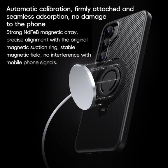 For Samsung Galaxy S25 5G Carbon Fiber MagSafe Phone Case with 360 Degree Rotating Holder(Black Silver)