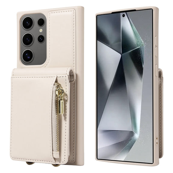 For Samsung Galaxy S25 Ultra 5G Crossbody Lanyard Zipper Wallet Leather Phone Case(Beige)