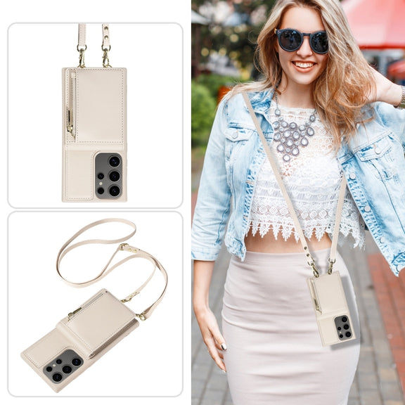 For Samsung Galaxy S25 Ultra 5G Crossbody Lanyard Zipper Wallet Leather Phone Case(Beige)