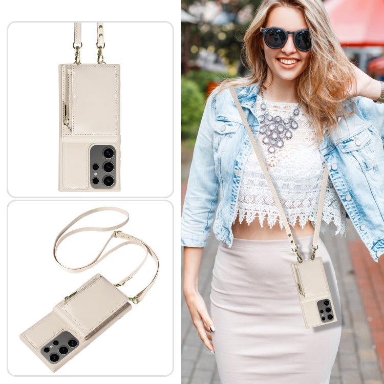 For Samsung Galaxy S25 Ultra 5G Crossbody Lanyard Zipper Wallet Leather Phone Case(Beige)