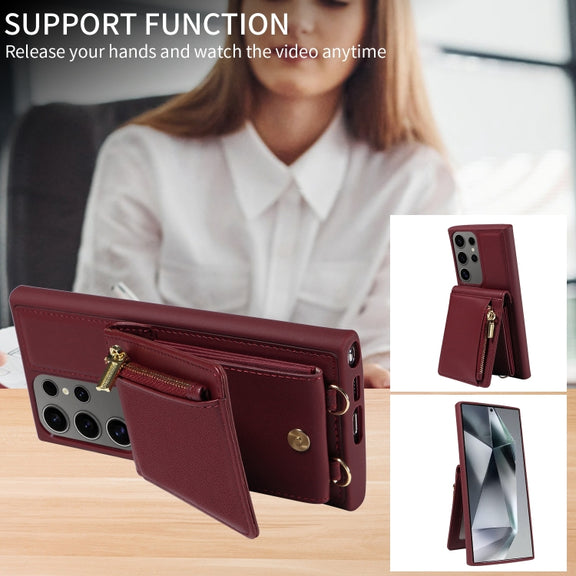 For Samsung Galaxy S25 Ultra 5G Crossbody Lanyard Zipper Wallet Leather Phone Case(Wine Red)