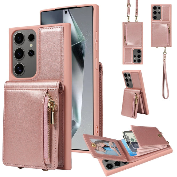For Samsung Galaxy S25 Ultra 5G Crossbody Lanyard Zipper Wallet Leather Phone Case(Rose Gold)