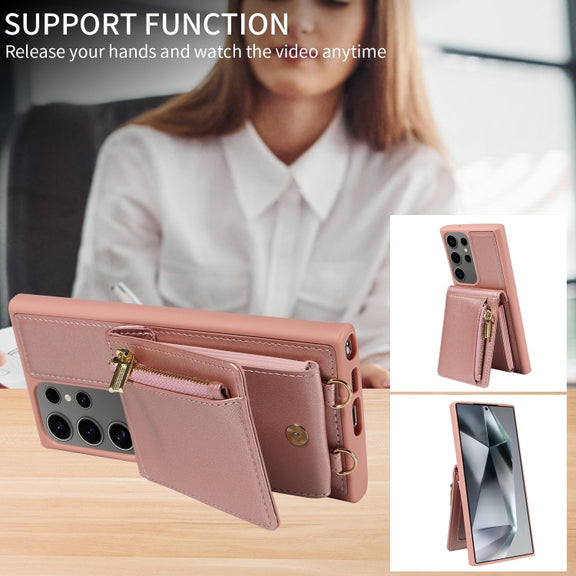 For Samsung Galaxy S25 Ultra 5G Crossbody Lanyard Zipper Wallet Leather Phone Case(Rose Gold)