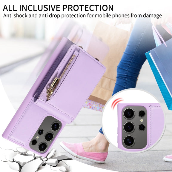 For Samsung Galaxy S25 Ultra 5G Crossbody Lanyard Zipper Wallet Leather Phone Case(Purple)