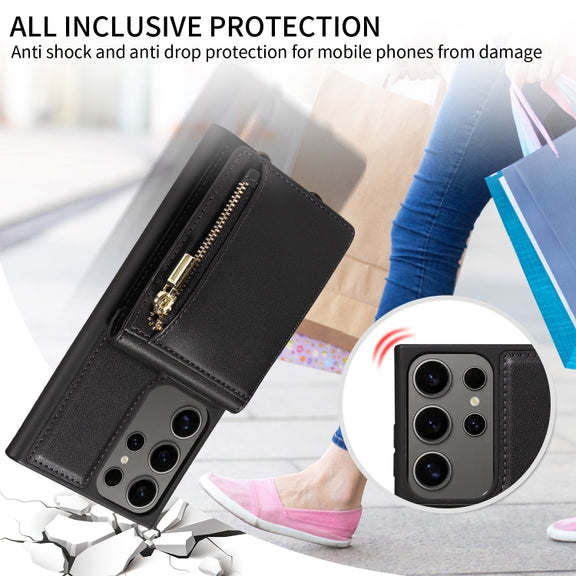 For Samsung Galaxy S25 Ultra 5G Crossbody Lanyard Zipper Wallet Leather Phone Case(Black)