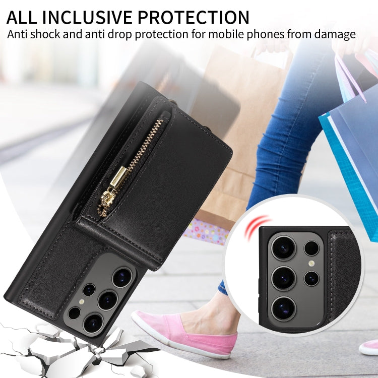 For Samsung Galaxy S25 Ultra 5G Crossbody Lanyard Zipper Wallet Leather Phone Case(Black)