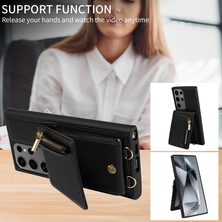 For Samsung Galaxy S25 Ultra 5G Crossbody Lanyard Zipper Wallet Leather Phone Case(Black)