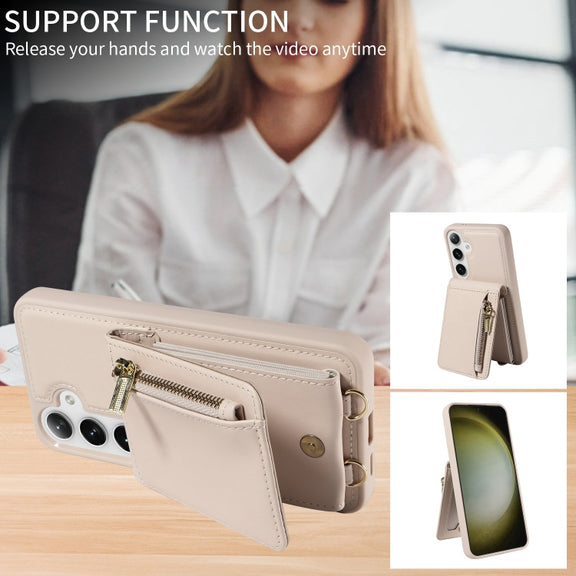 For Samsung Galaxy S25+ 5G Crossbody Lanyard Zipper Wallet Leather Phone Case(Beige)