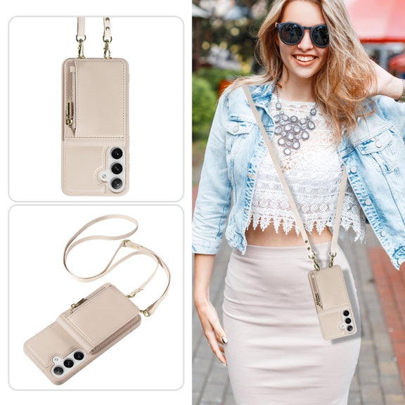 For Samsung Galaxy S25+ 5G Crossbody Lanyard Zipper Wallet Leather Phone Case(Beige)