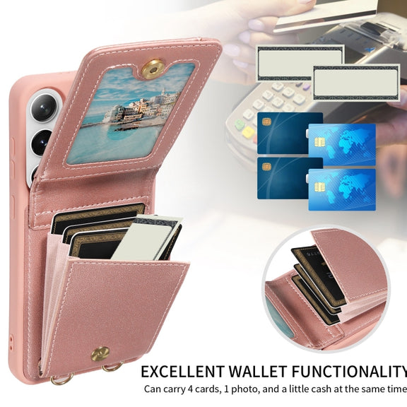 For Samsung Galaxy S25+ 5G Crossbody Lanyard Zipper Wallet Leather Phone Case(Rose Gold)