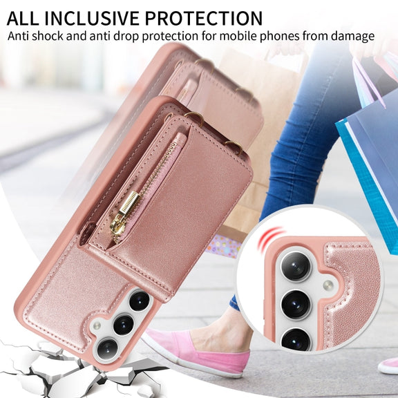 For Samsung Galaxy S25+ 5G Crossbody Lanyard Zipper Wallet Leather Phone Case(Rose Gold)