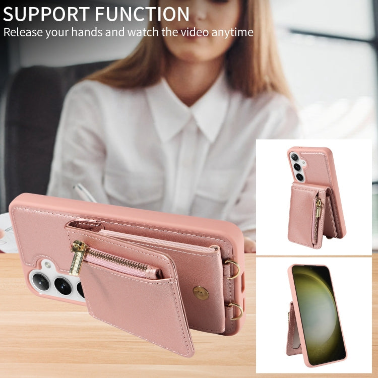 For Samsung Galaxy S25+ 5G Crossbody Lanyard Zipper Wallet Leather Phone Case(Rose Gold)