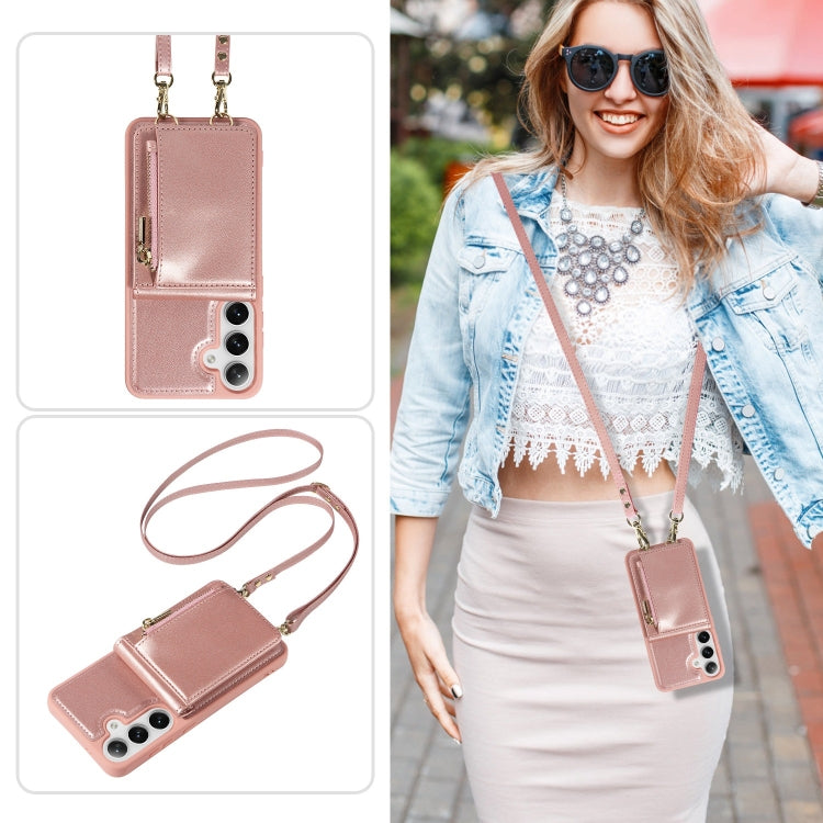 For Samsung Galaxy S25+ 5G Crossbody Lanyard Zipper Wallet Leather Phone Case(Rose Gold)