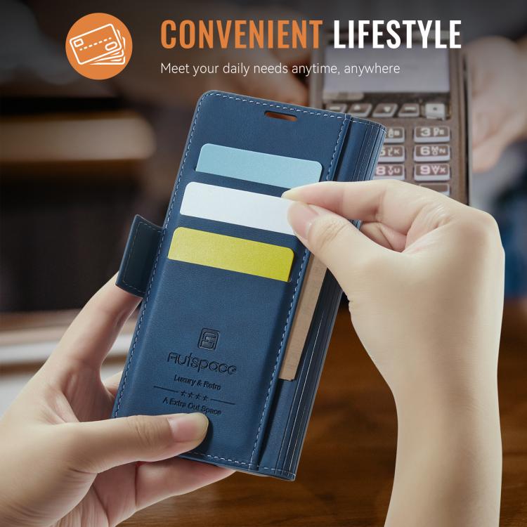 For iPhone 16e AutSpace A11 Side Buckle MagSafe Magnetic RFID Phone Leather Case(Blue) - free shipping - PMC Jewellery - Order now!