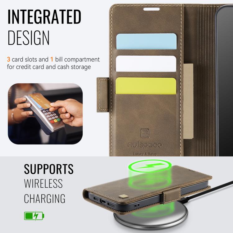 For iPhone 16e AutSpace A11 Side Buckle MagSafe Magnetic RFID Phone Leather Case(Coffee) - free shipping - PMC Jewellery - Order now!