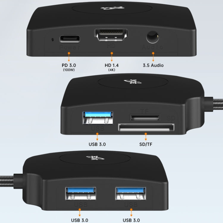 YCE-Z70A Type-C to PD 3.0, USB 3.0x2 + SD/TF, 3.5mm and HD1.4 Docking Station Video Capture Card(Black)
