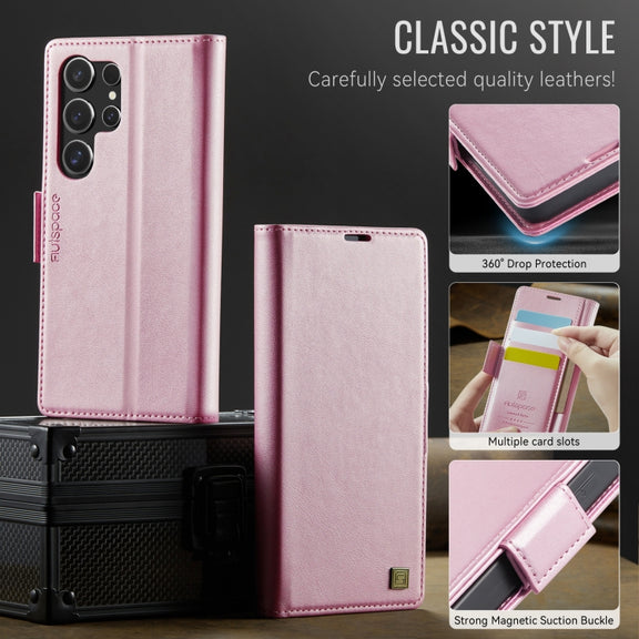 For Samsung Galaxy S25 Ultra 5G AutSpace A11 Side Buckle MagSafe Magnetic RFID Phone Leather Case(Rose Gold)