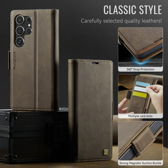 For Samsung Galaxy S25 Ultra 5G AutSpace A11 Side Buckle MagSafe Magnetic RFID Phone Leather Case(Coffee)