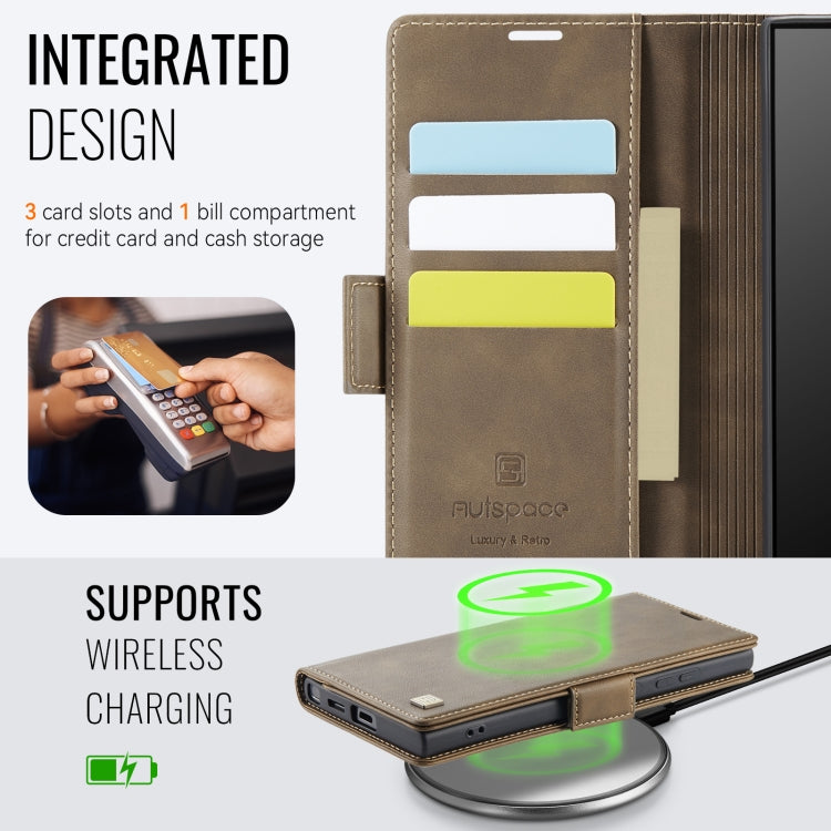For Samsung Galaxy S25 Ultra 5G AutSpace A11 Side Buckle MagSafe Magnetic RFID Phone Leather Case(Coffee)