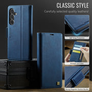 For Samsung Galaxy S25 5G AutSpace A11 Side Buckle MagSafe Magnetic RFID Phone Leather Case(Blue)